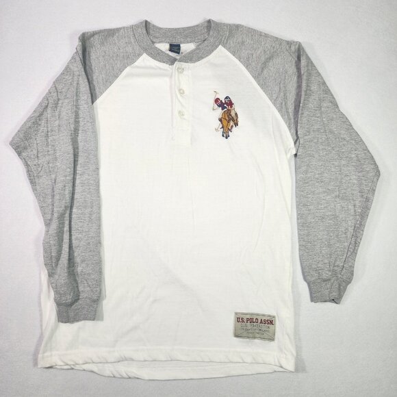US Polo Assn. Boys Henley sz 18 White with Grey Long Sleeve 2 Player Emblem - Picture 1 of 11